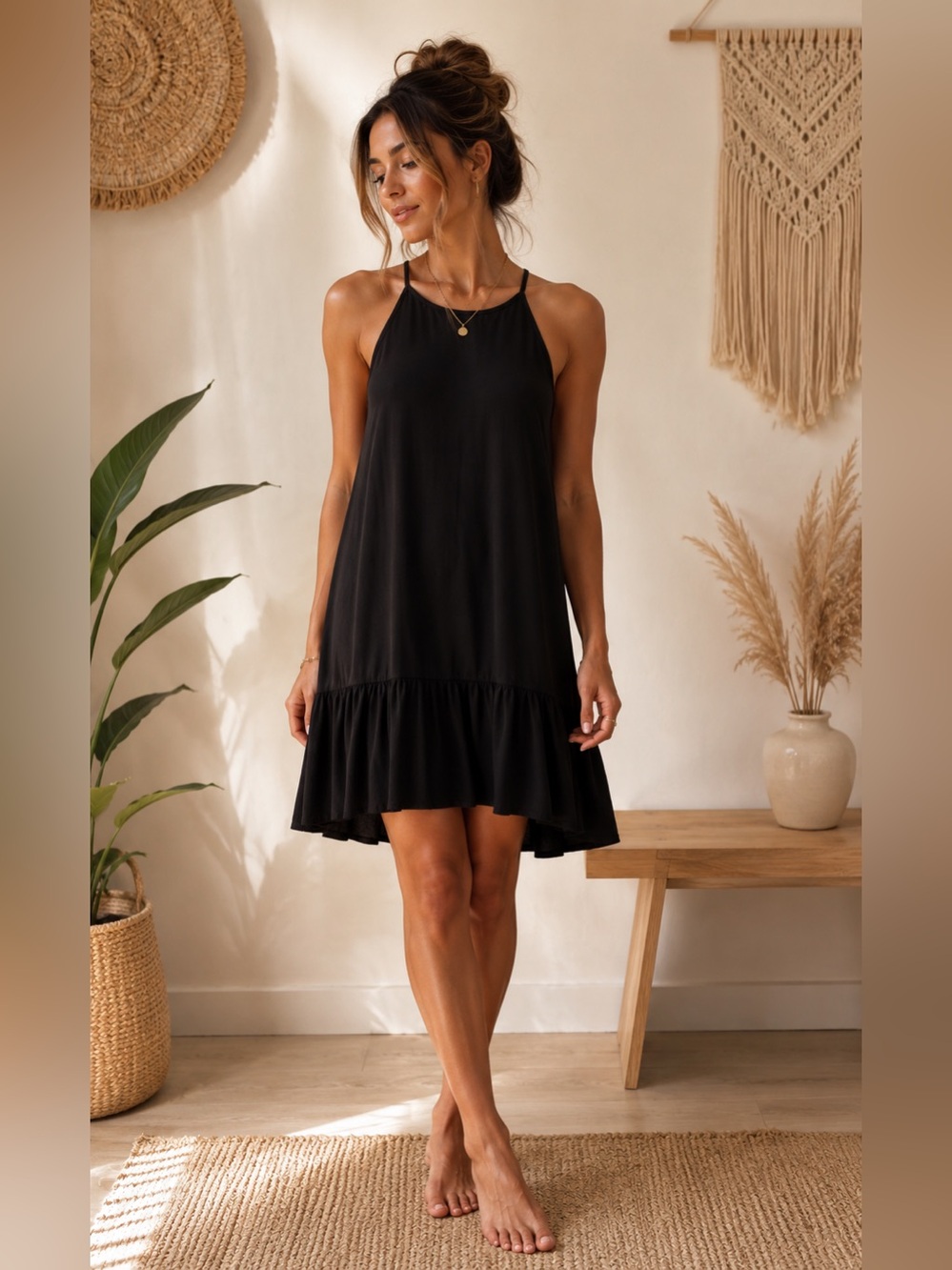 Anthropologie Blue Rain Boho Chic Black Halter Ruffle Hem Dress
